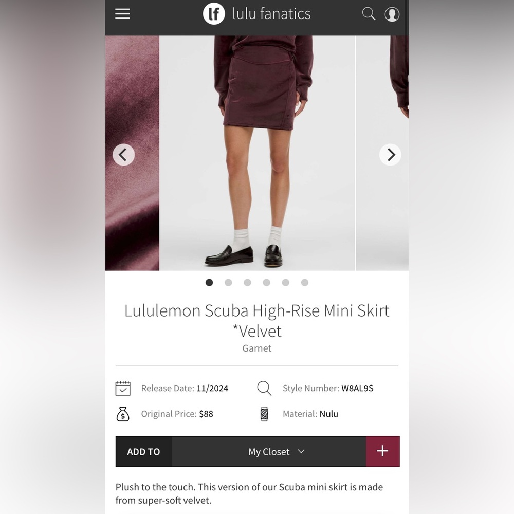 NWT Lululemon Scuba HR Mini Skirt       Special Edition Velvet Garnet